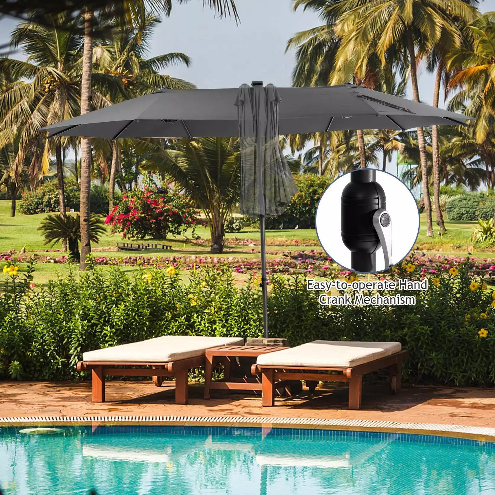 Twin Patio Umbrella 48 LED Lights Outdoor Double-Side Parasol Sun Shade Poolside