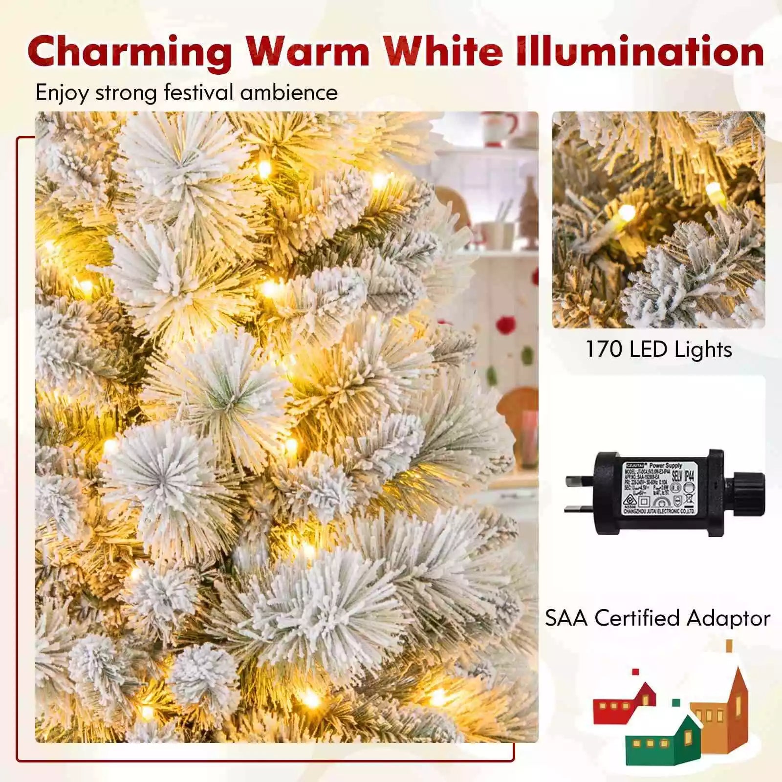 180CM Flocked Xmas Christmas Tree w/517 Branch Tips & 170 Warm White LED Lights