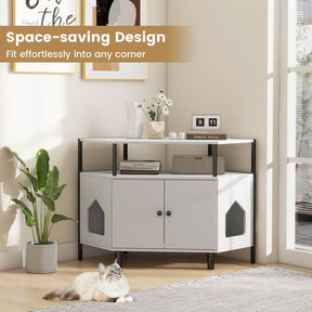 Hidden Cat Litter Box Enclosure Indoor Corner End Table w/Open Shelf, 2 Entries