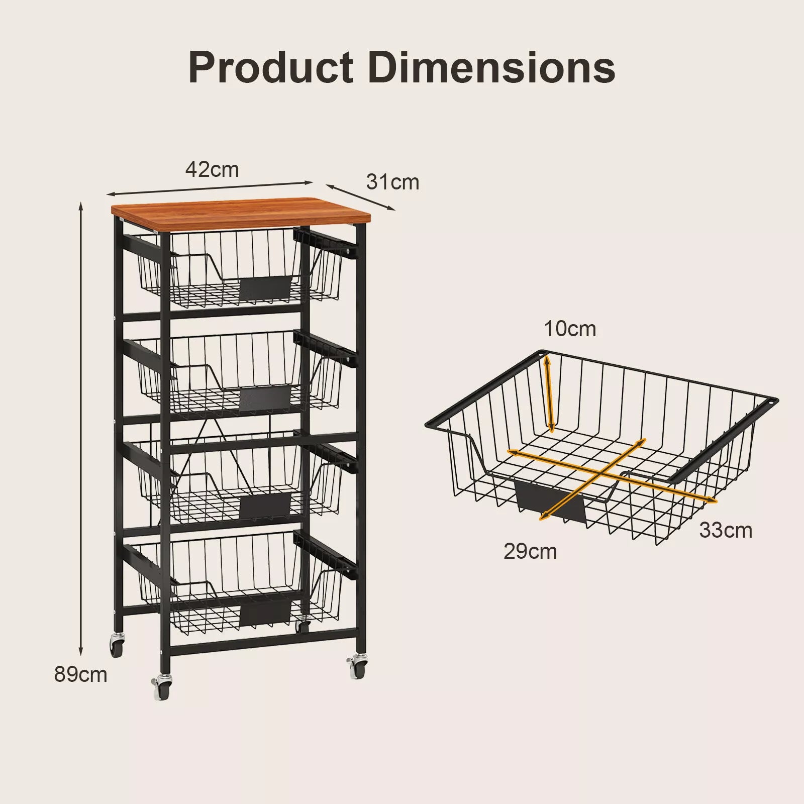 4/5-Tier Kitchen Storage Cart Utility Cart w/ Wooden Top Snack Storage Cart