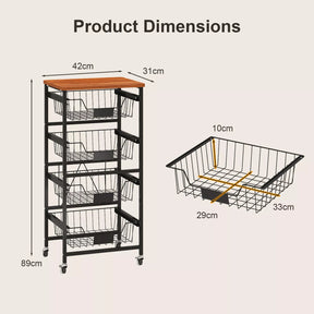 4/5-Tier Kitchen Storage Cart Utility Cart w/ Wooden Top Snack Storage Cart