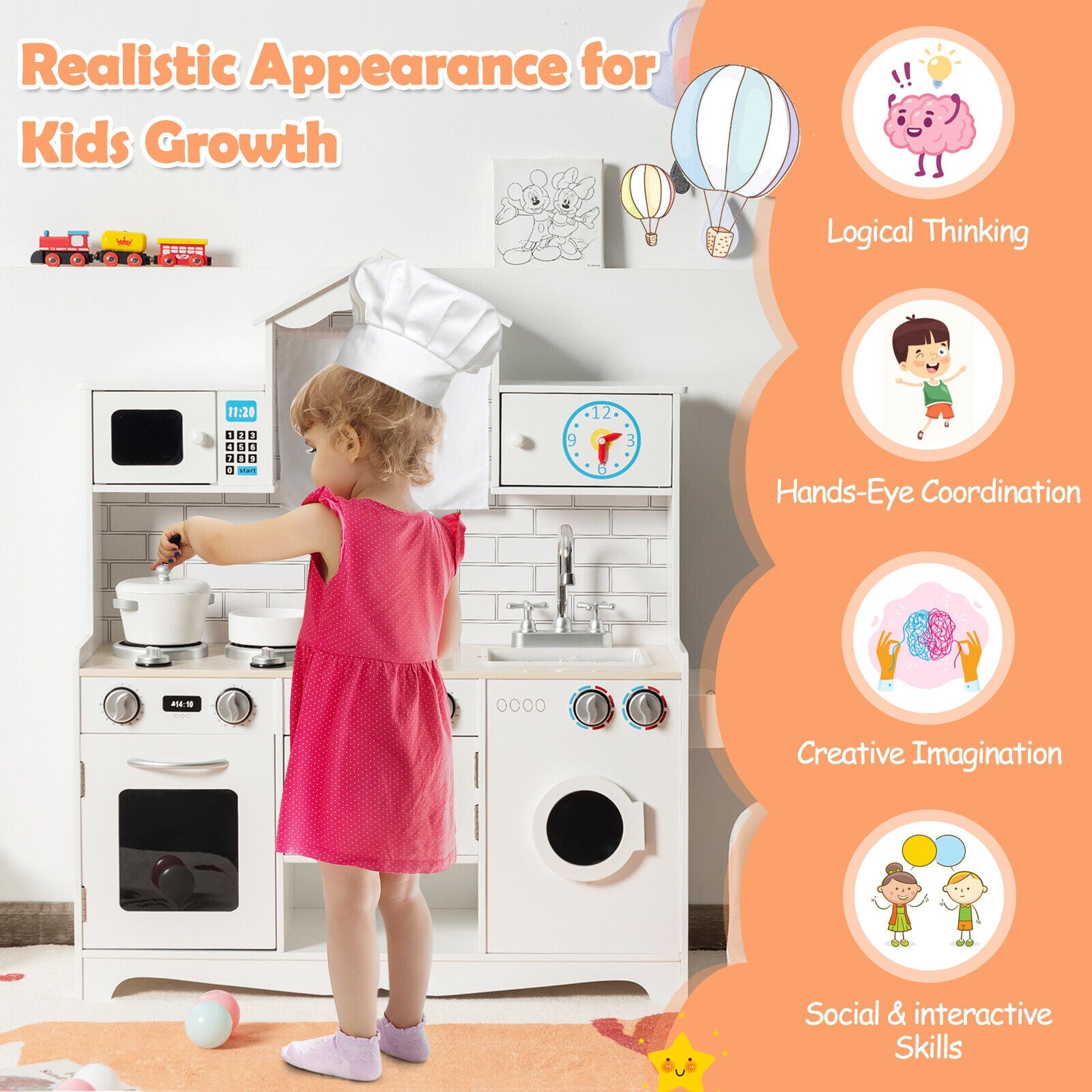 BABYJOY Kids Play Kitchen Wooden Cooking Pretend Playset Cookware