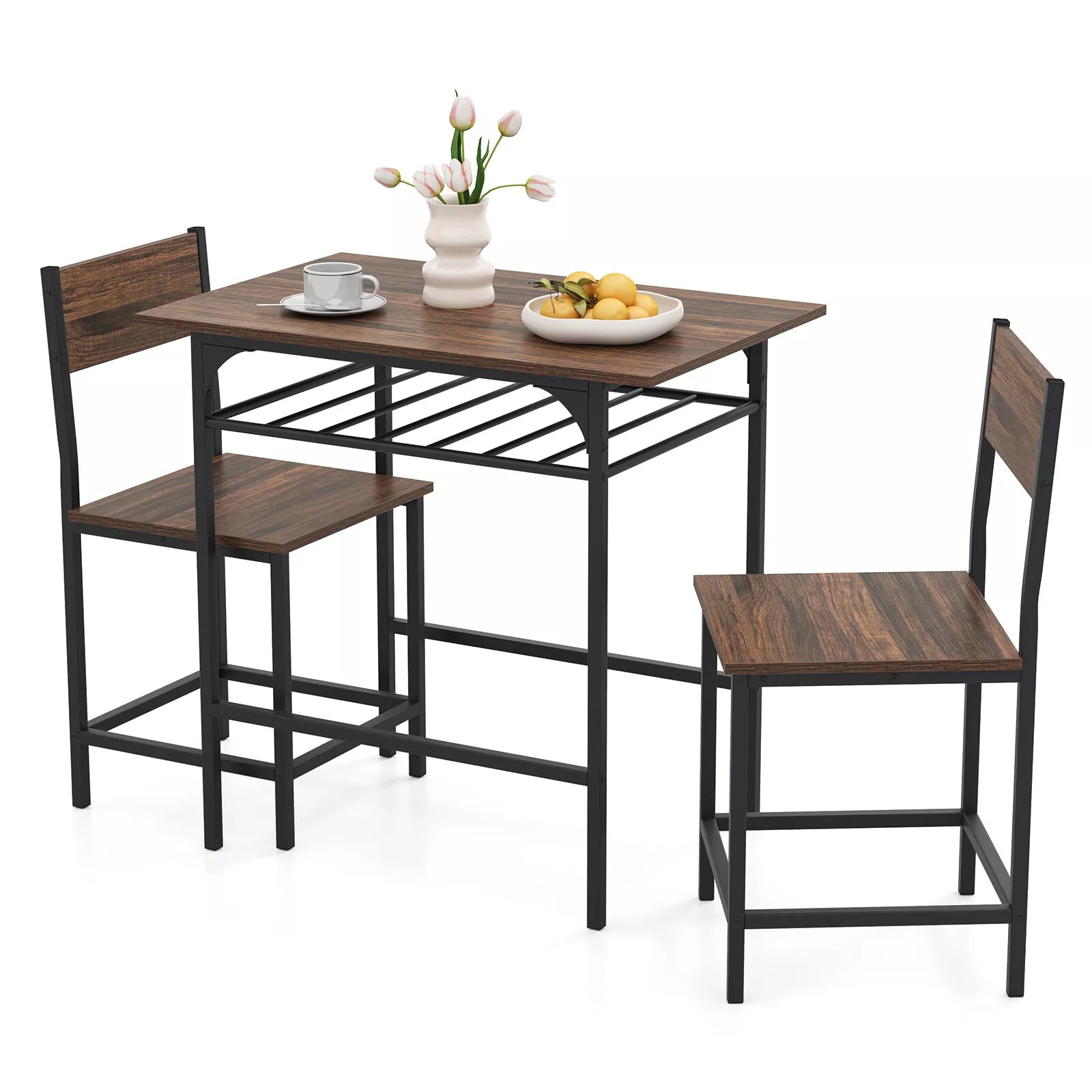 3-Piece Dining Table Set for 2 Wood Rectangular Table & Chair Metal Frame