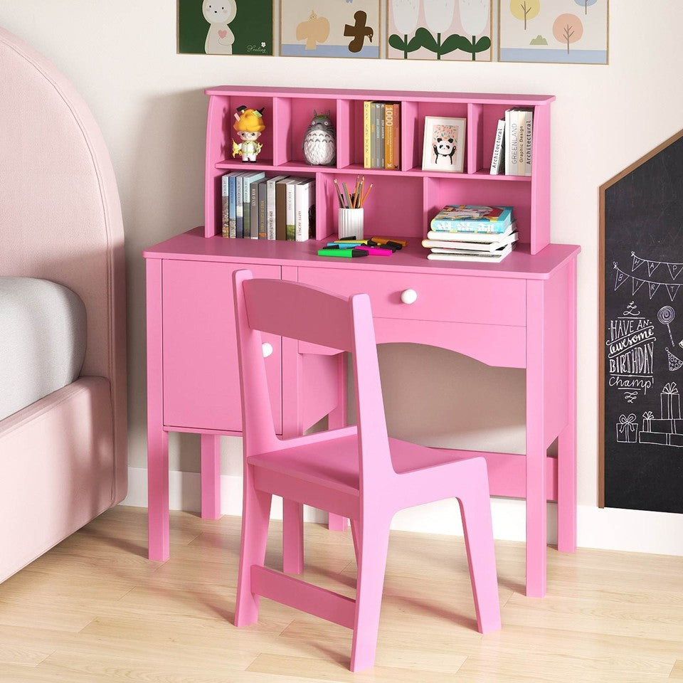 Kids Study Desk and Chair Set, Children Wooden Craft Table with Chair