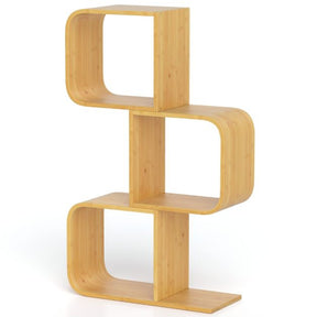 S-Shaped Bookcase Bamboo Bookshelf with 2 Cubes Geometric Corner Display Shelf