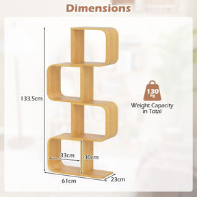 S-Shaped Bookcase Bamboo Bookshelf with 2 Cubes Geometric Corner Display Shelf