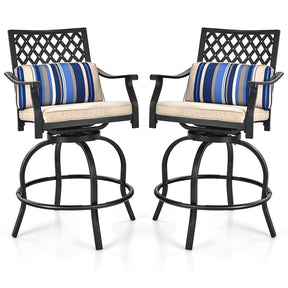 Set of 2 Patio Swivel Bar Stools Outdoor Bar Height Chairs with Soft Cushions and Steel Frame