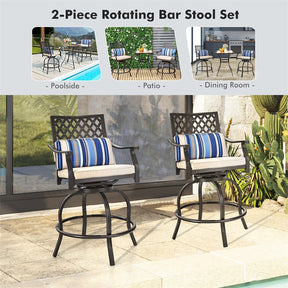 Set of 2 Patio Swivel Bar Stools Outdoor Bar Height Chairs with Soft Cushions and Steel Frame