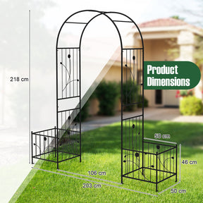 2 in 1 Garden Arbor, 218cm Garden Trellis Pergola w/2 Side Planters, 8 Ground Stakes, Sturdy Metal Frame