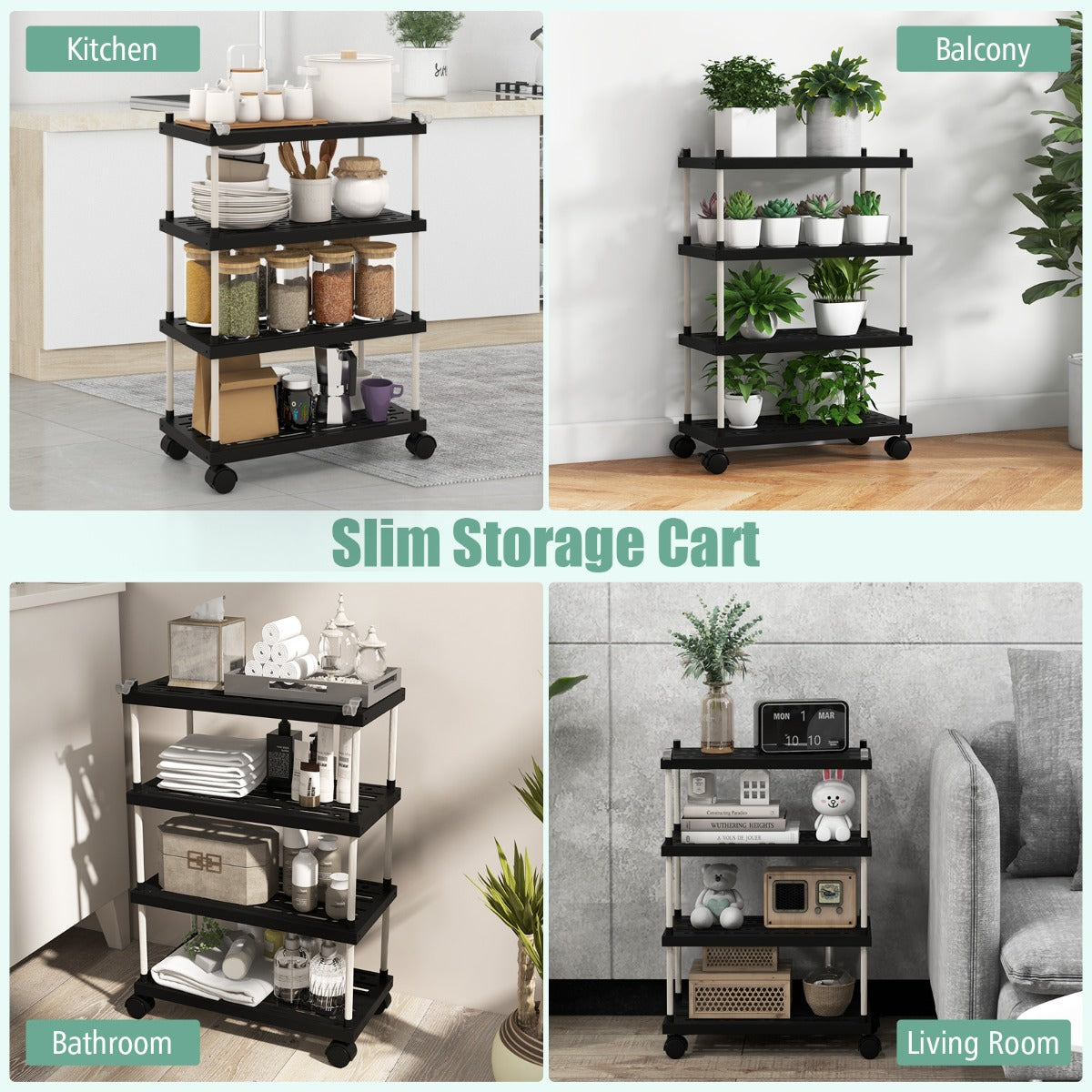 4-Tier Slim Storage Cart with Lockable Wheels for Narrow Space