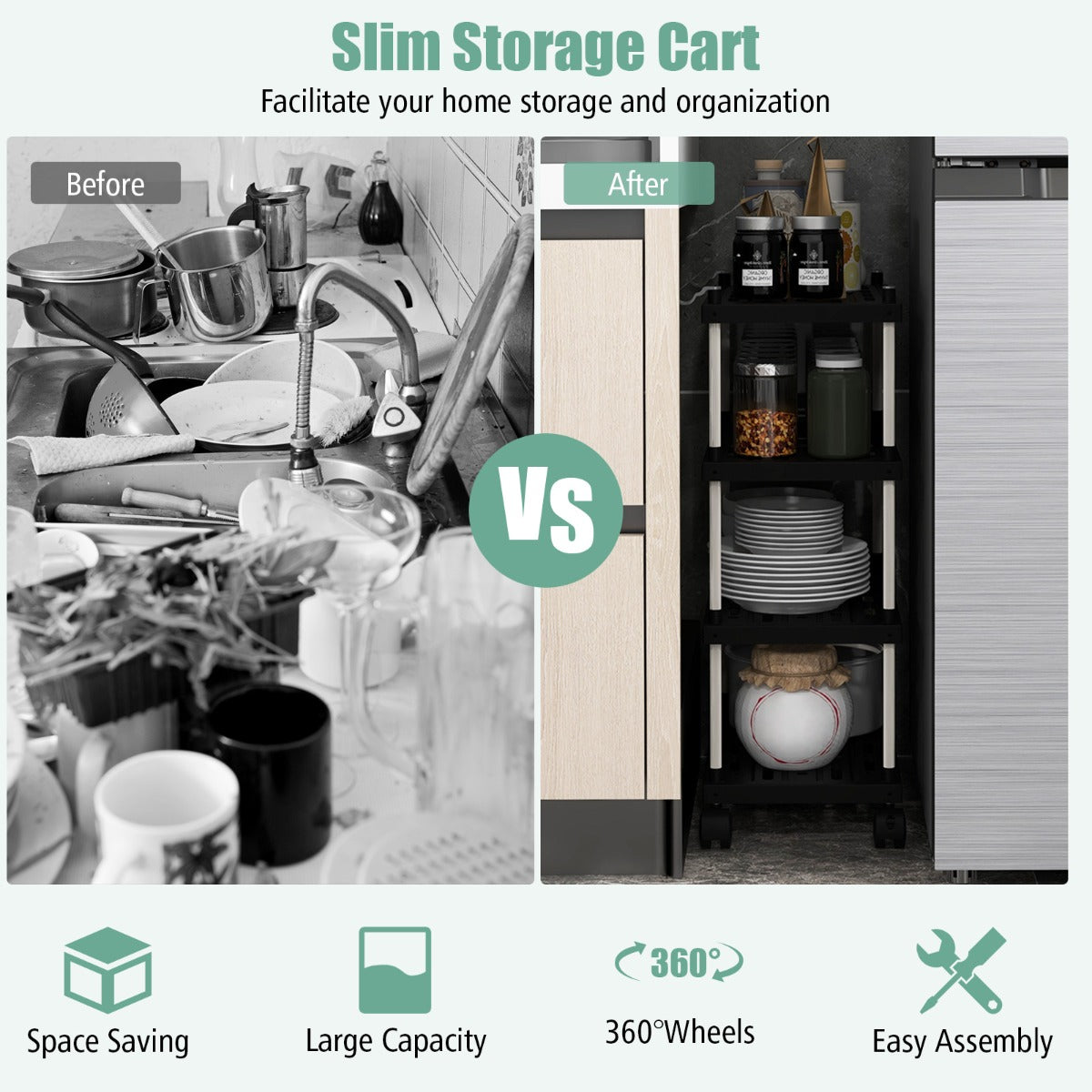 4-Tier Slim Storage Cart with Lockable Wheels for Narrow Space