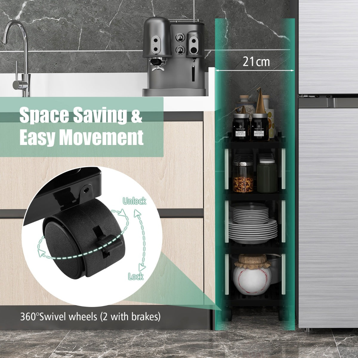 4-Tier Slim Storage Cart with Lockable Wheels for Narrow Space