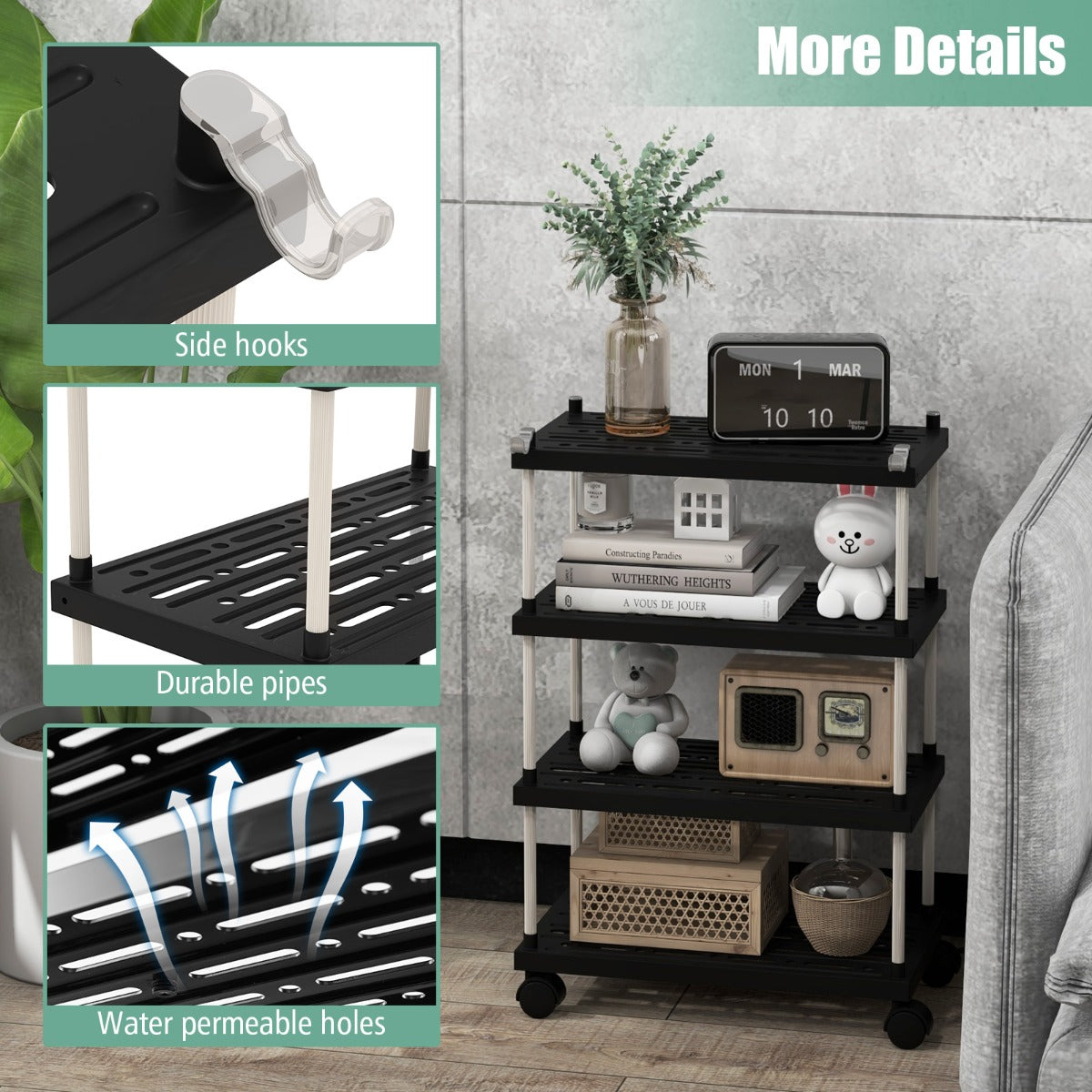 4-Tier Slim Storage Cart with Lockable Wheels for Narrow Space