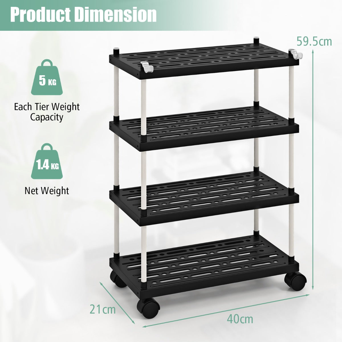 4-Tier Slim Storage Cart with Lockable Wheels for Narrow Space