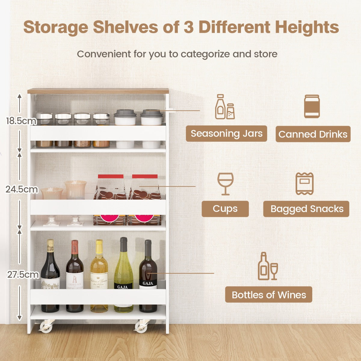 Slim Rolling Storage Cart for Kitchen Bathroom Laundry Small Places-Brown