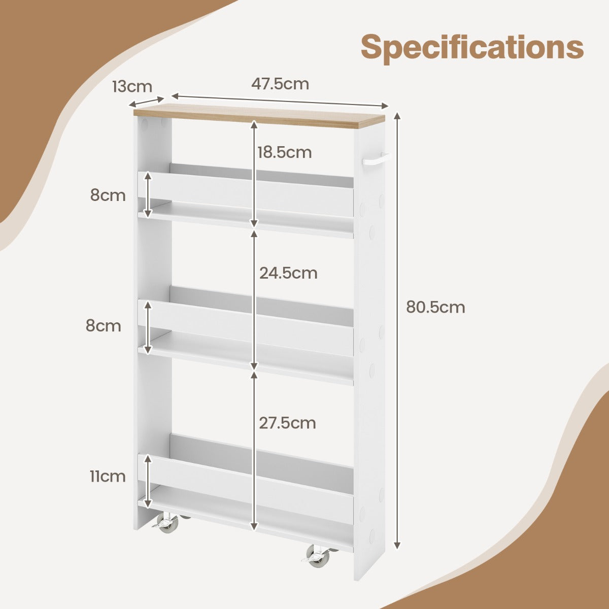 Slim Rolling Storage Cart for Kitchen Bathroom Laundry Small Places-Brown