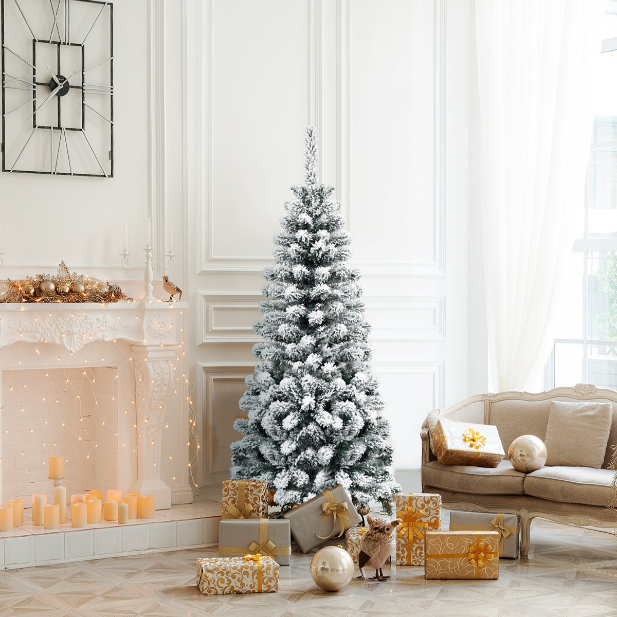 135cm Artificial Pencil Unlit Snow Flocked Hinged Pine Christmas Tree