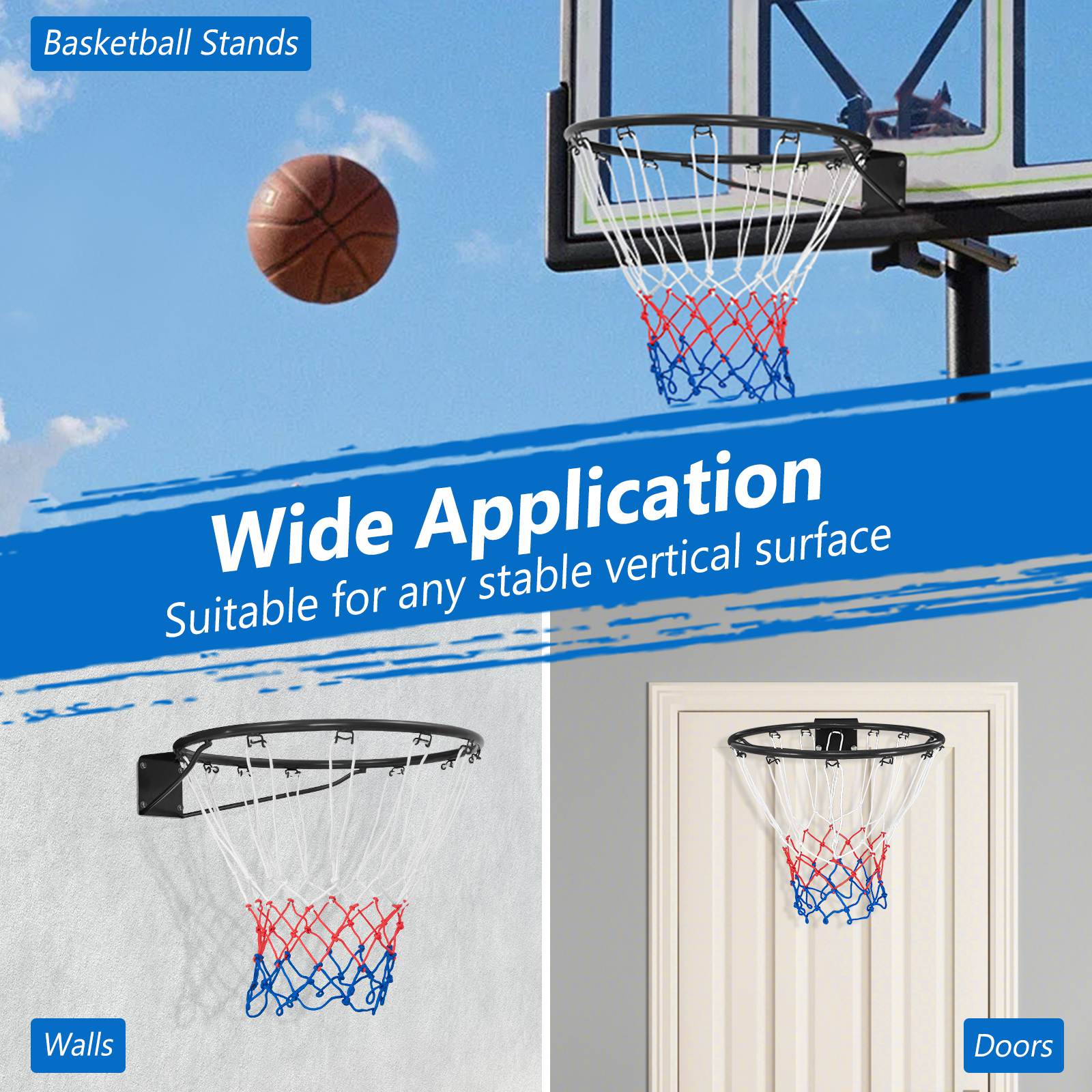 Basketball Rim Wall Door All-Weather Hanging Mounted Basketball Hoop w/ Net