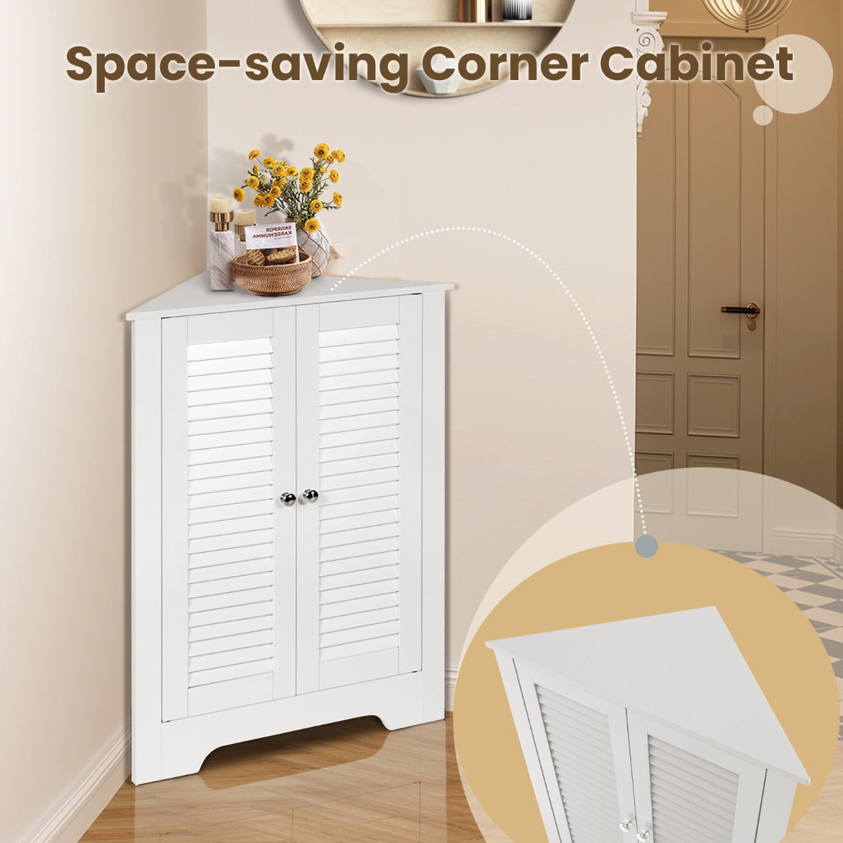 Space-saving Floor Storage Cabinet with 2 Shutter Door and Height-adjustable Shelf