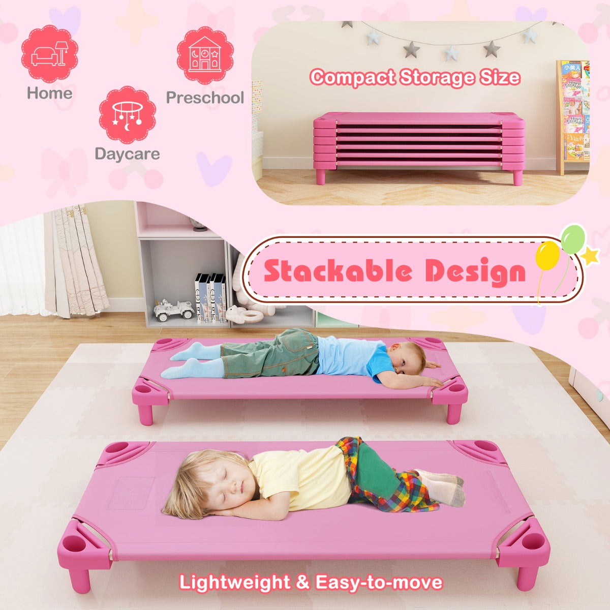 Stackable Daycare Cot with Easy Lift Corner and Detachable Oxford Cloth