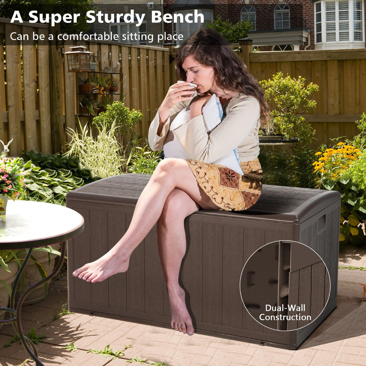 400L Indoor Outdoor Deck Storage Box Bench with Lid and Handles for Cushions