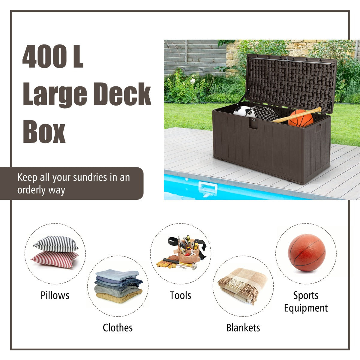 400L Indoor Outdoor Deck Storage Box Bench with Lid and Handles for Cushions