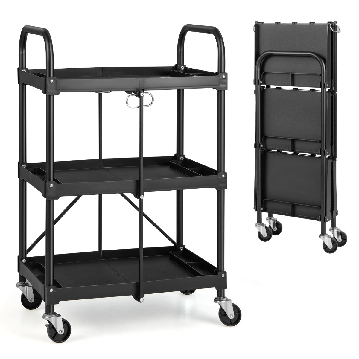 3-Tier Folding Tool Trolley with Universal Wheels and Handrails for Home/Office/Kitchen