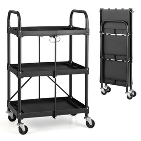 3-Tier Folding Tool Trolley with Universal Wheels and Handrails for Home/Office/Kitchen