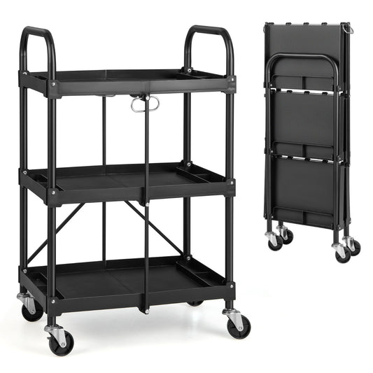 3-Tier Folding Tool Trolley with Universal Wheels and Handrails for Home/Office/Kitchen