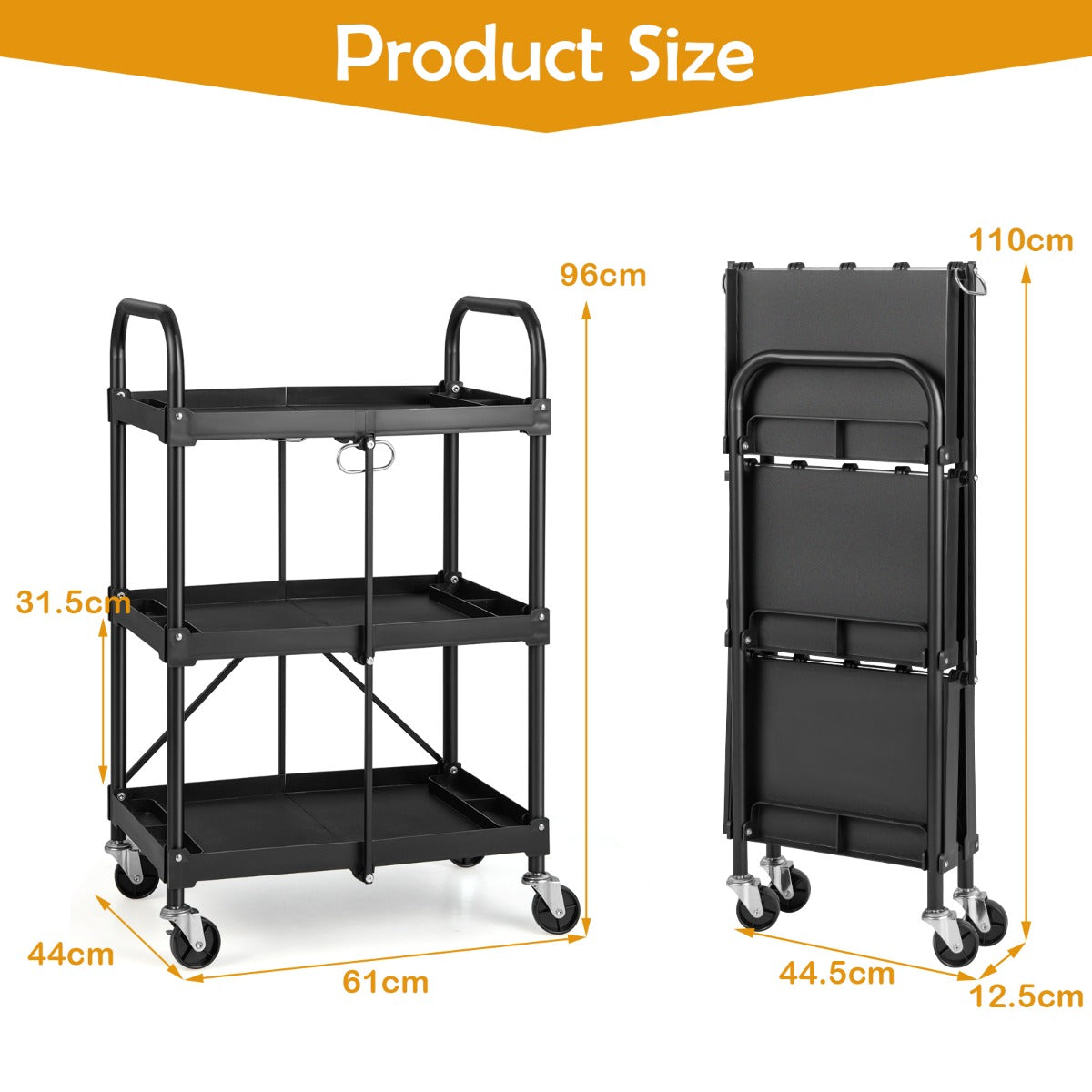 3-Tier Folding Tool Trolley with Universal Wheels and Handrails for Home/Office/Kitchen
