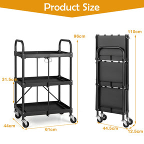 3-Tier Folding Tool Trolley with Universal Wheels and Handrails for Home/Office/Kitchen
