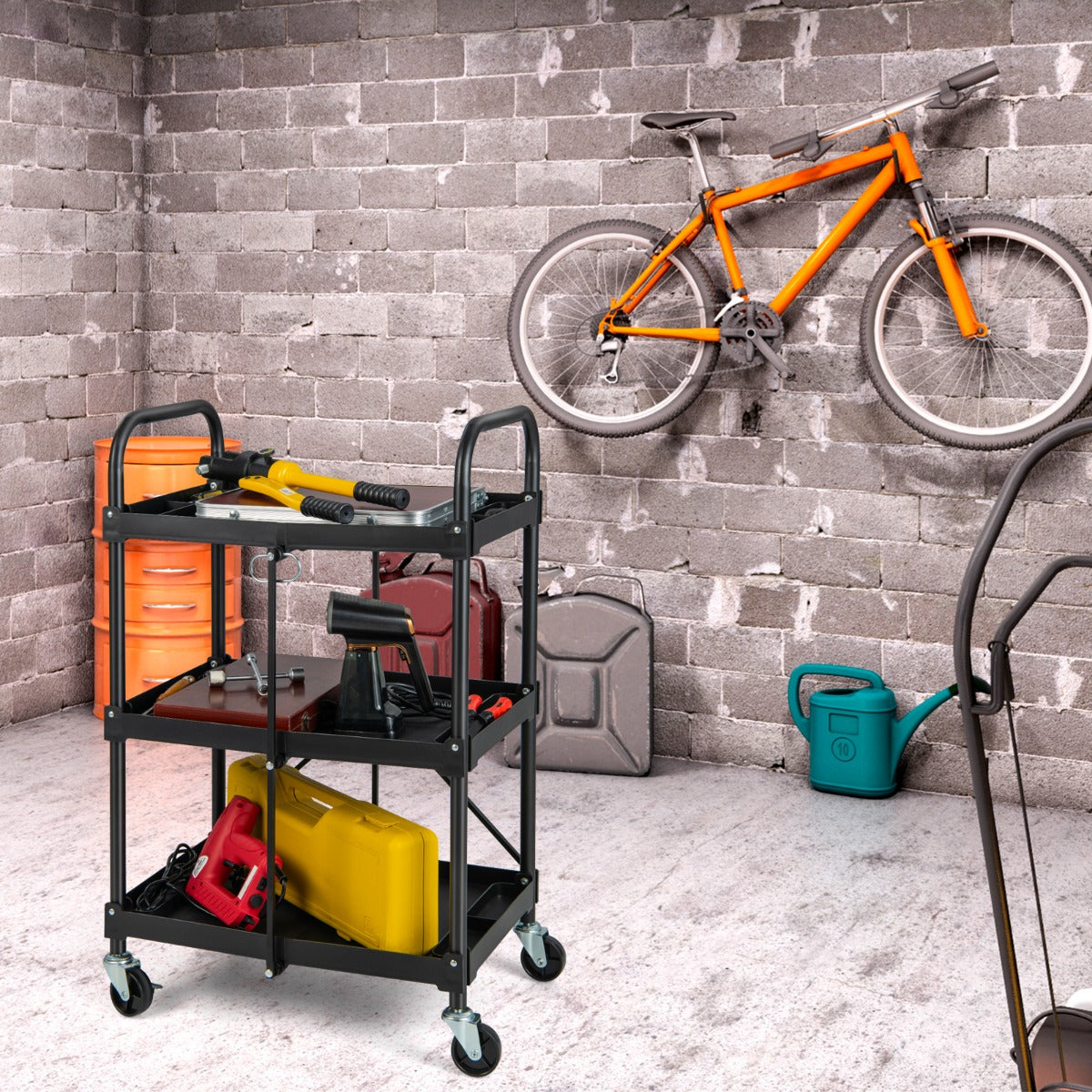 3-Tier Folding Tool Trolley with Universal Wheels and Handrails for Home/Office/Kitchen