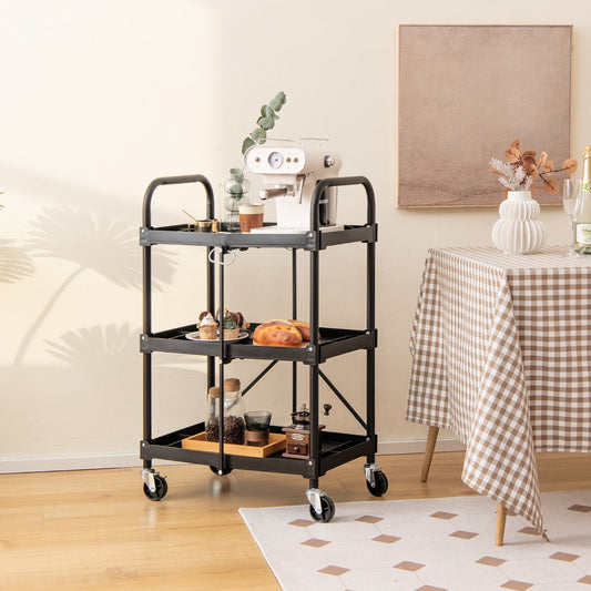 3-Tier Folding Tool Trolley with Universal Wheels and Handrails for Home/Office/Kitchen