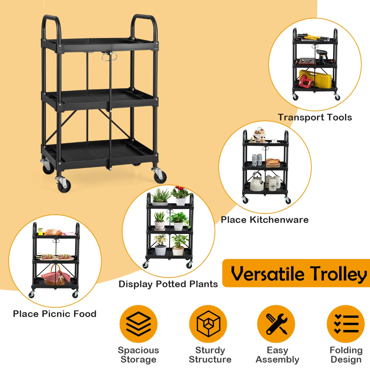 3-Tier Folding Tool Trolley with Universal Wheels and Handrails for Home/Office/Kitchen