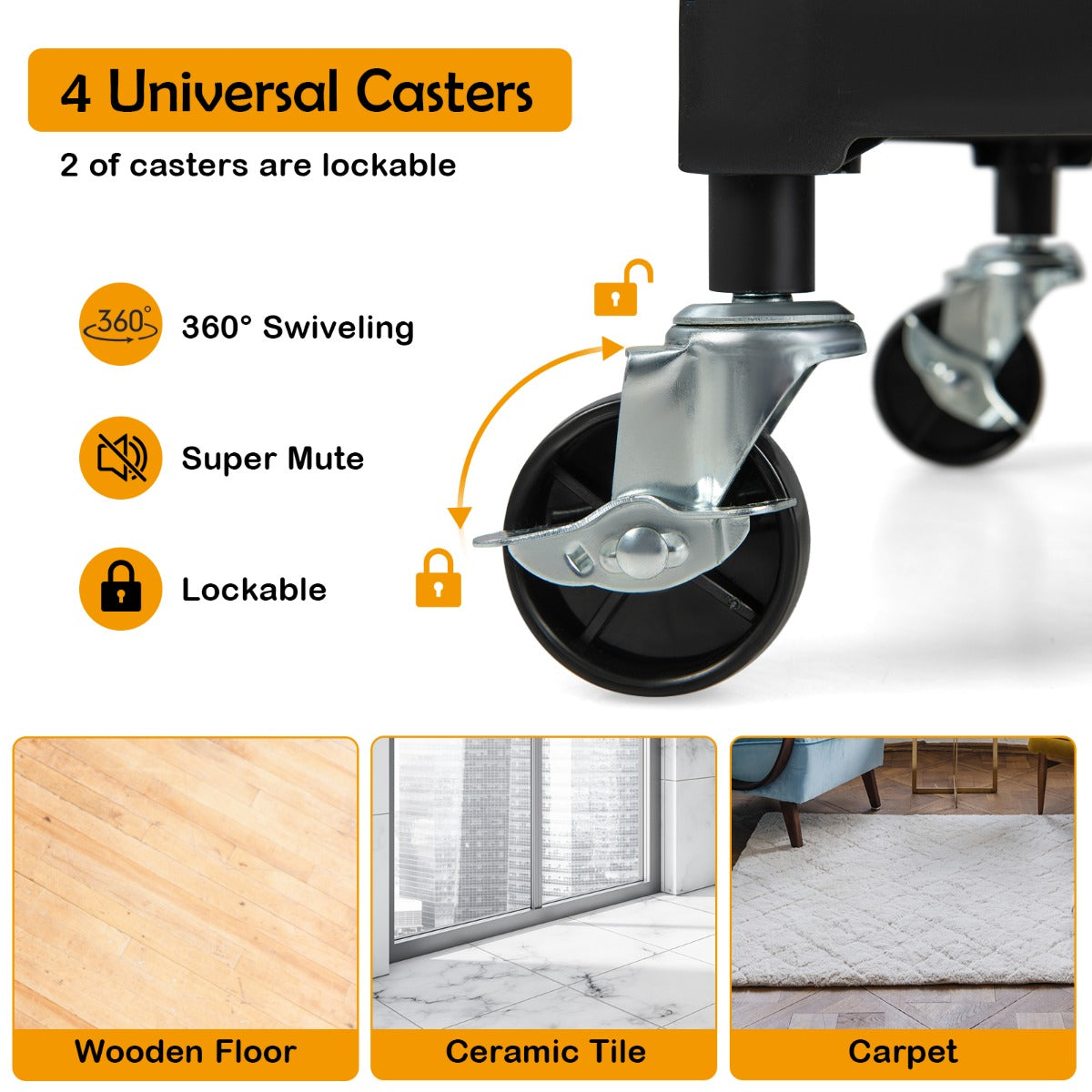 3-Tier Folding Tool Trolley with Universal Wheels and Handrails for Home/Office/Kitchen