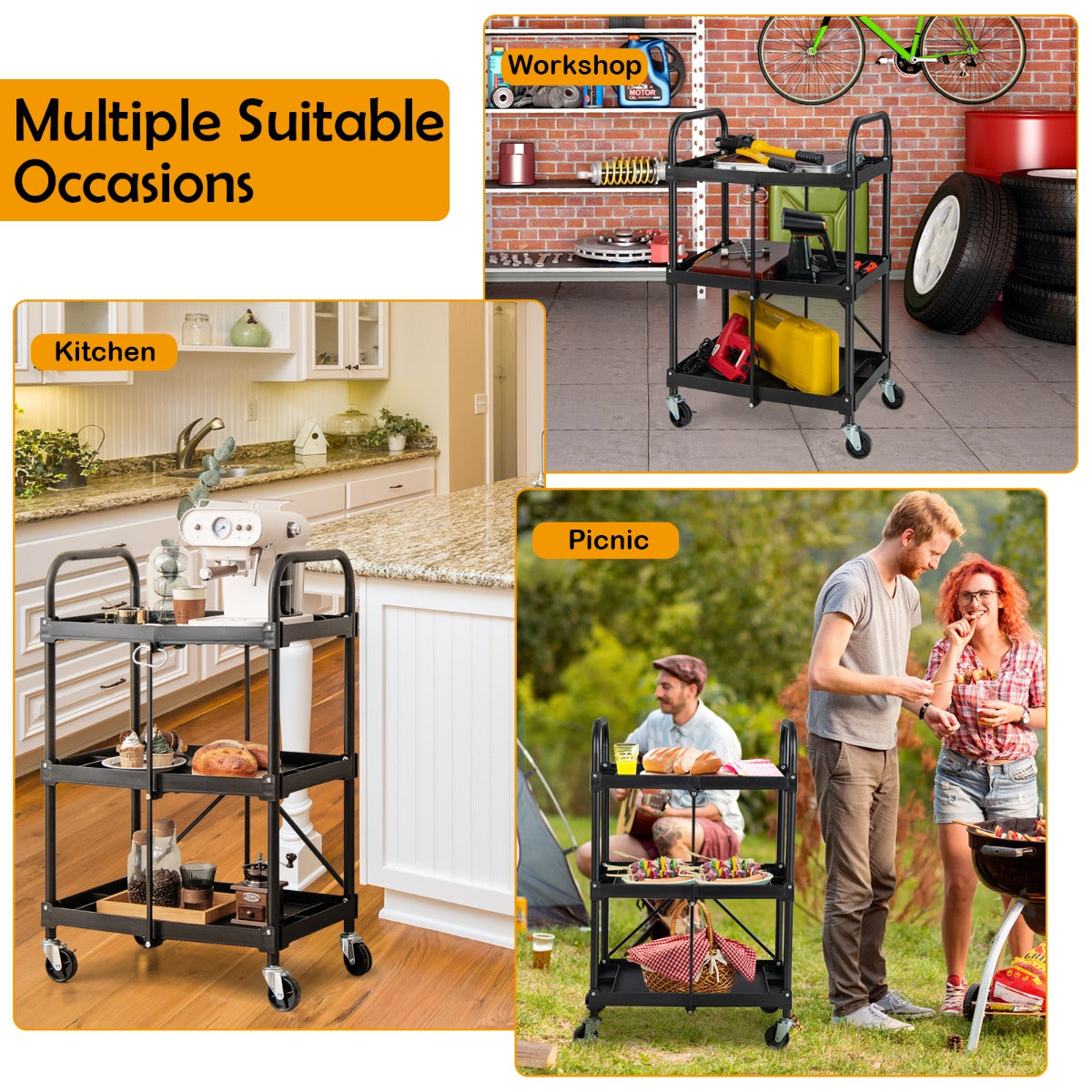 3-Tier Folding Tool Trolley with Universal Wheels and Handrails for Home/Office/Kitchen