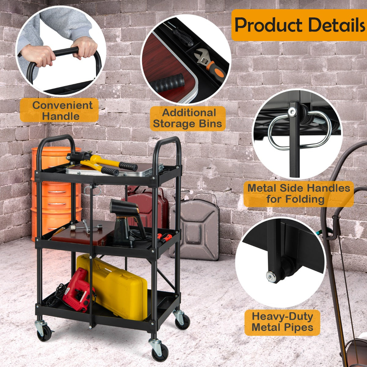 3-Tier Folding Tool Trolley with Universal Wheels and Handrails for Home/Office/Kitchen