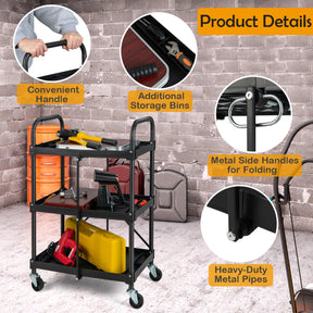 3-Tier Folding Tool Trolley with Universal Wheels and Handrails for Home/Office/Kitchen