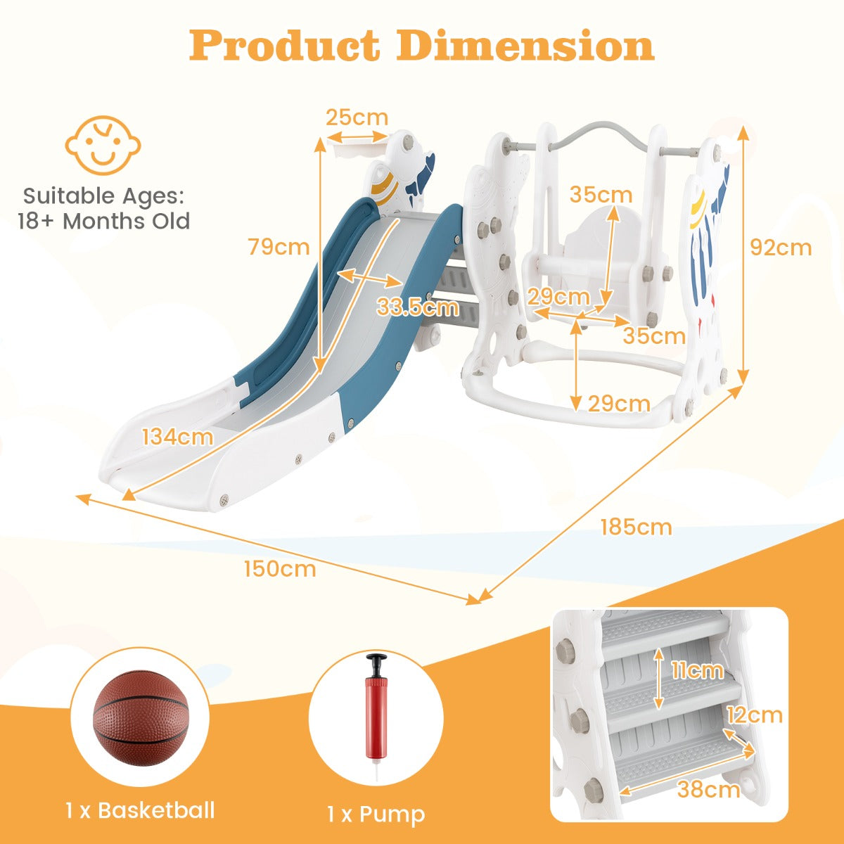 Toddler Slide and Swing Set with Basketball Pump and Stickers for Children 18+ Months Old