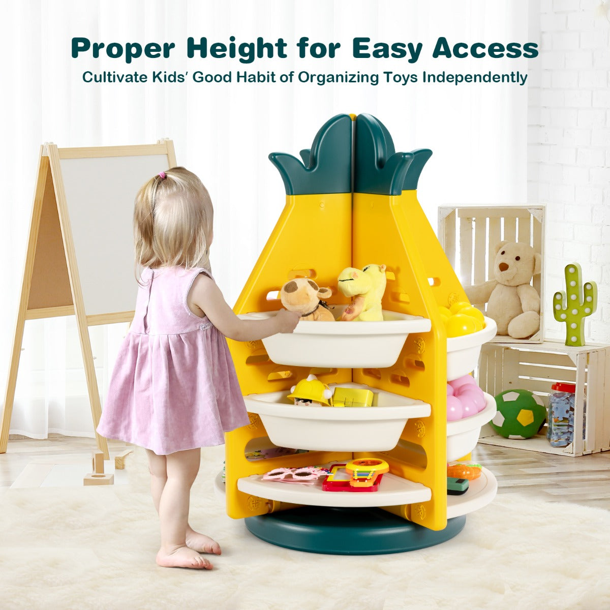 360° Revolving Pineapple Shelf with Plastic Bins for Kids