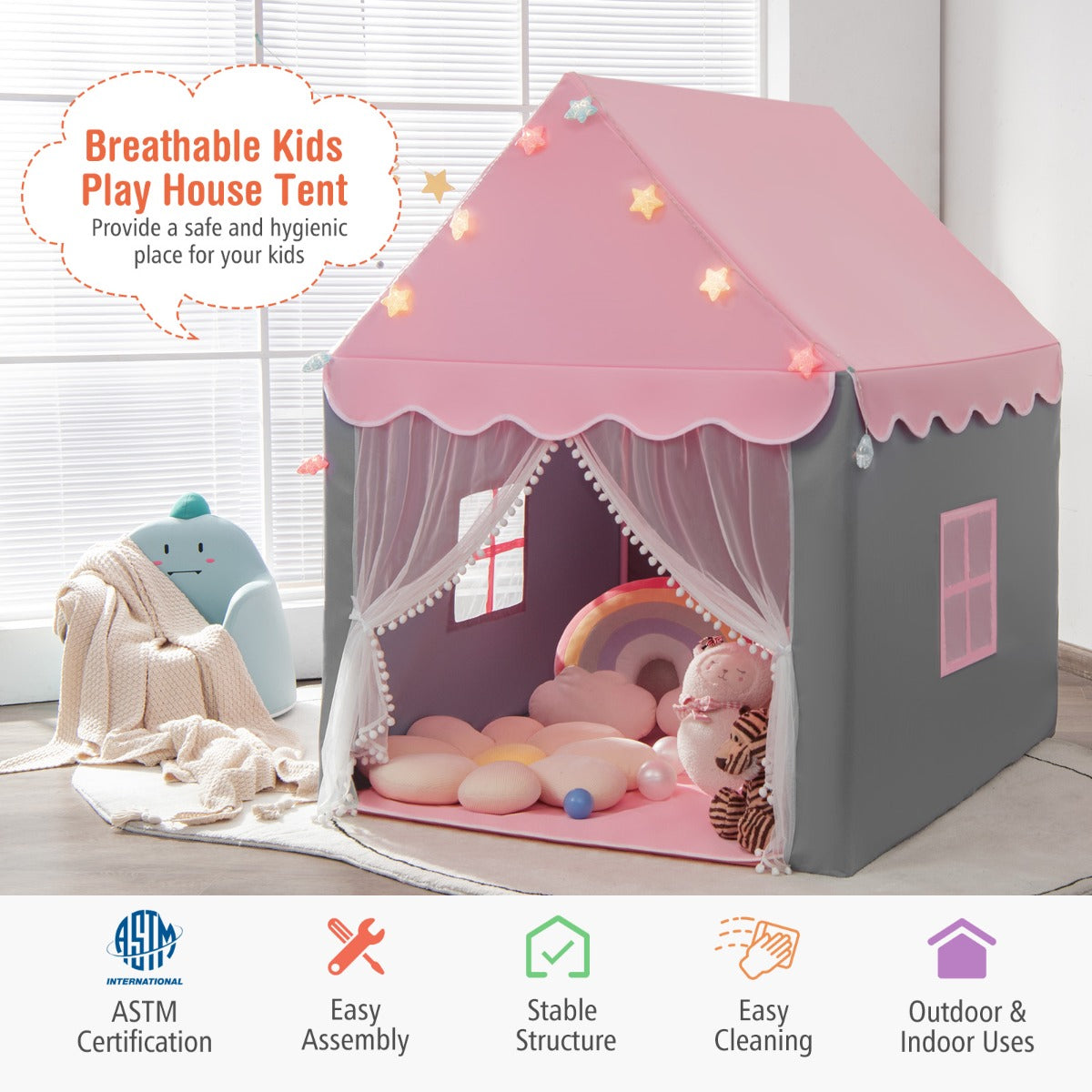 Kids Playhouse Tent with Washable Mat for Boys & Girls