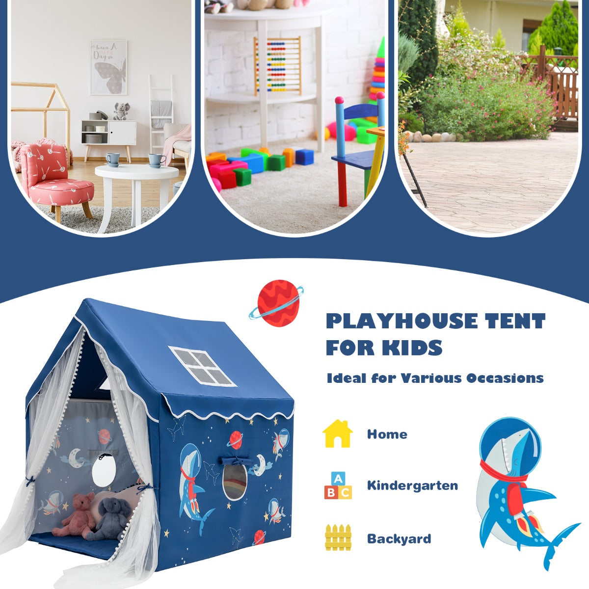 Large Kids Play Tent with Removable Padded Mat & Gauze Door Curtain
