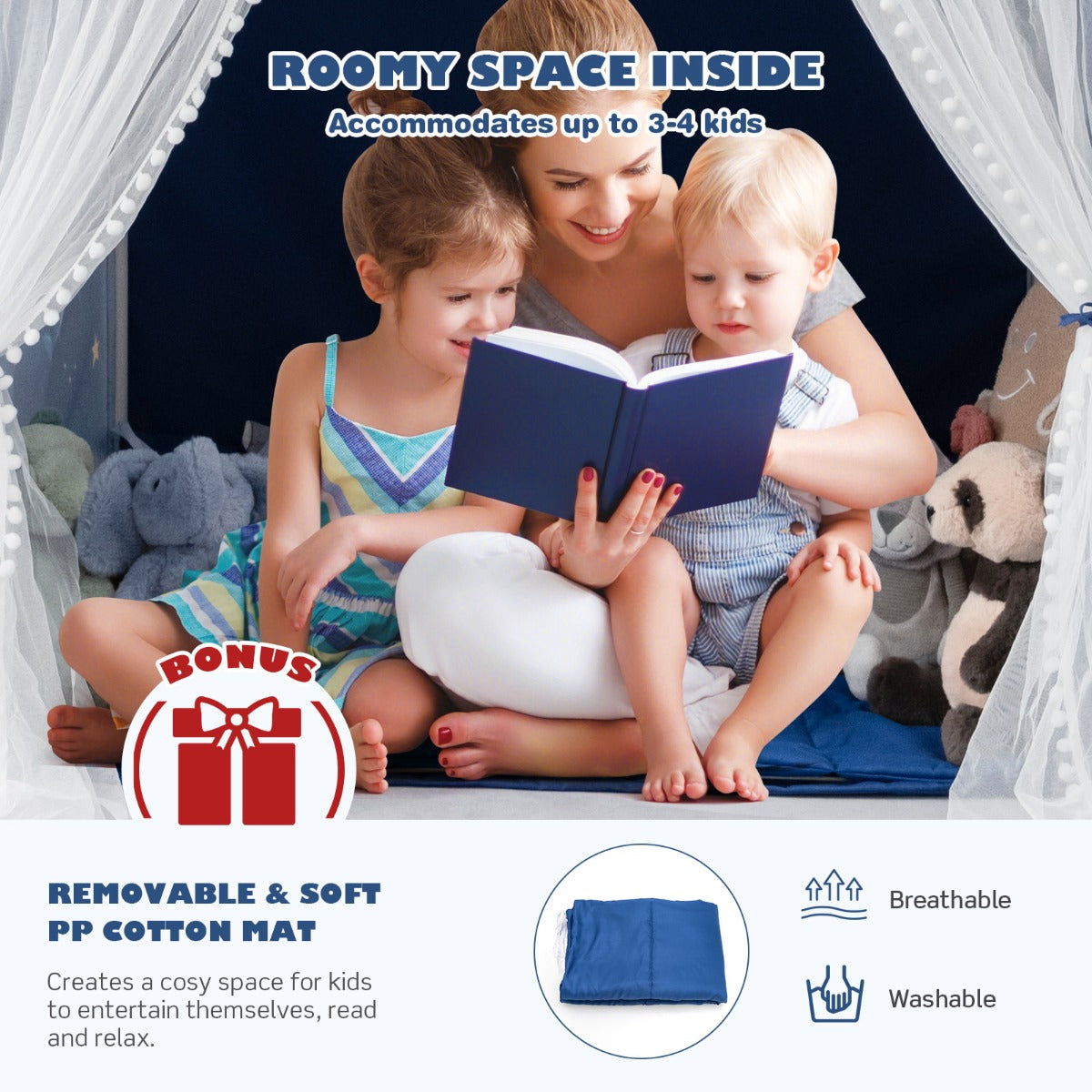 Large Kids Play Tent with Removable Padded Mat & Gauze Door Curtain