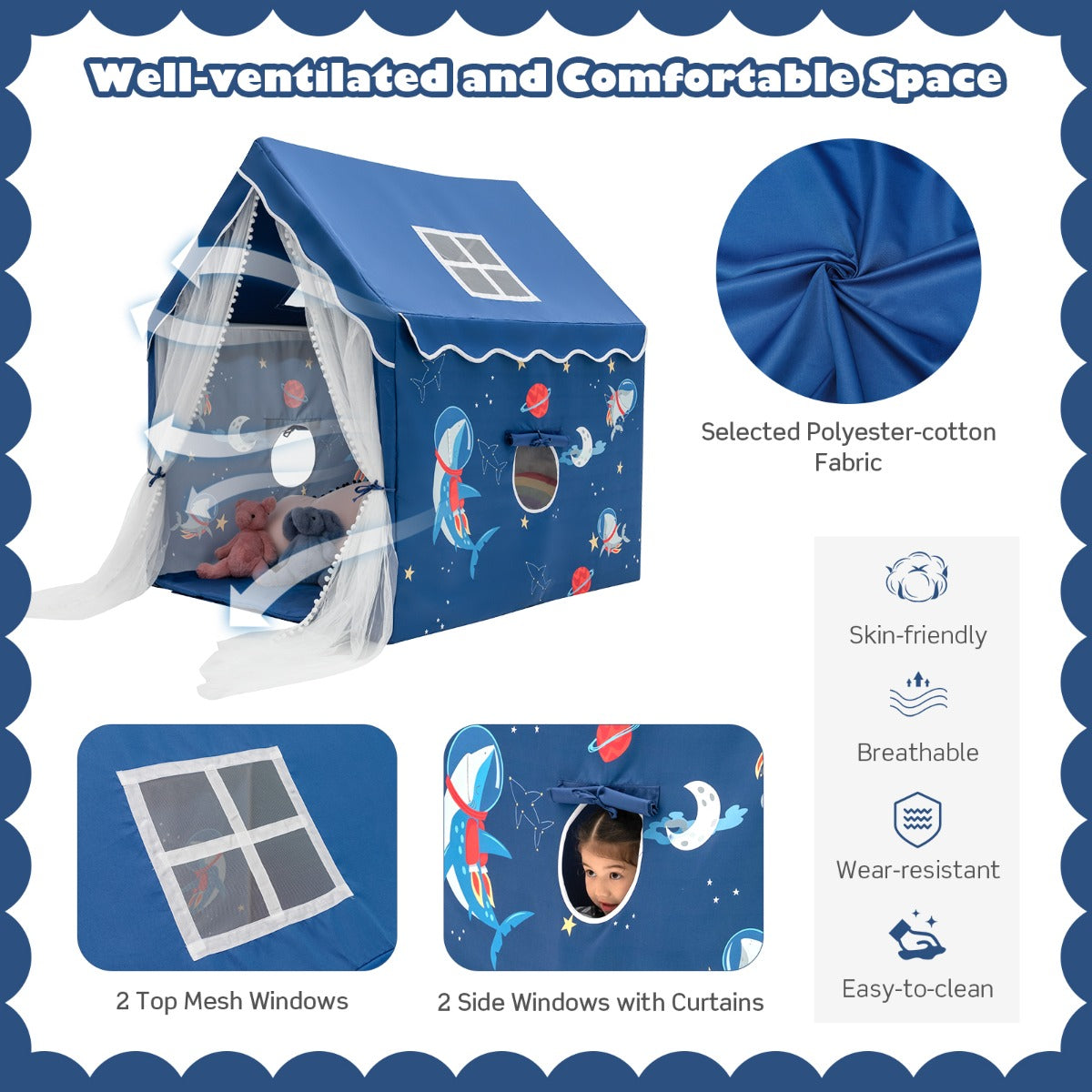 Large Kids Play Tent with Removable Padded Mat & Gauze Door Curtain