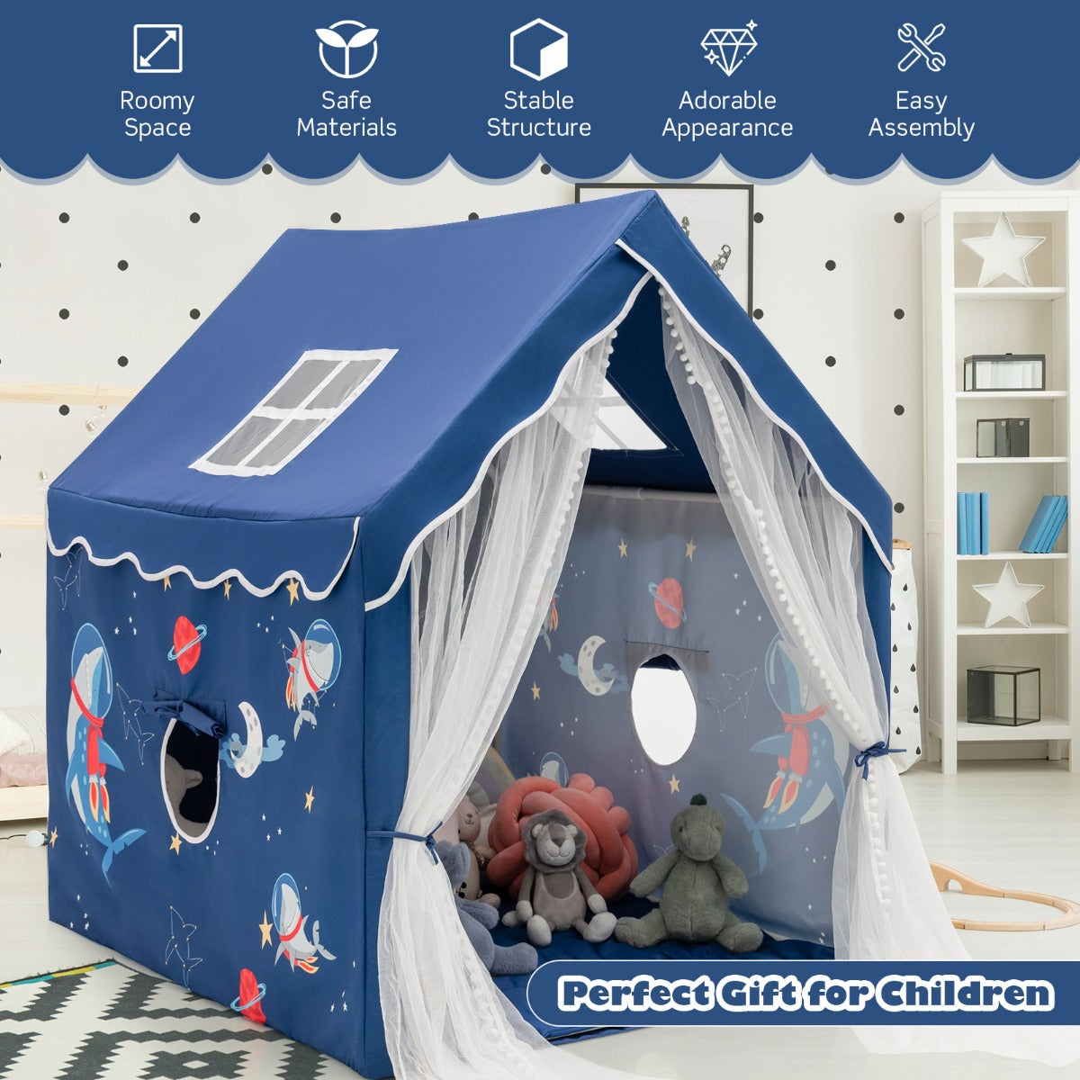 Large Kids Play Tent with Removable Padded Mat & Gauze Door Curtain