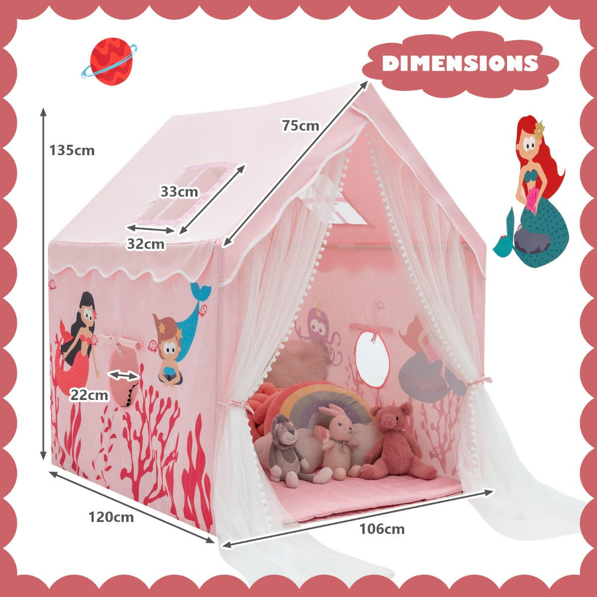 Large Kids Play Tent with Removable Padded Mat & Gauze Door Curtain