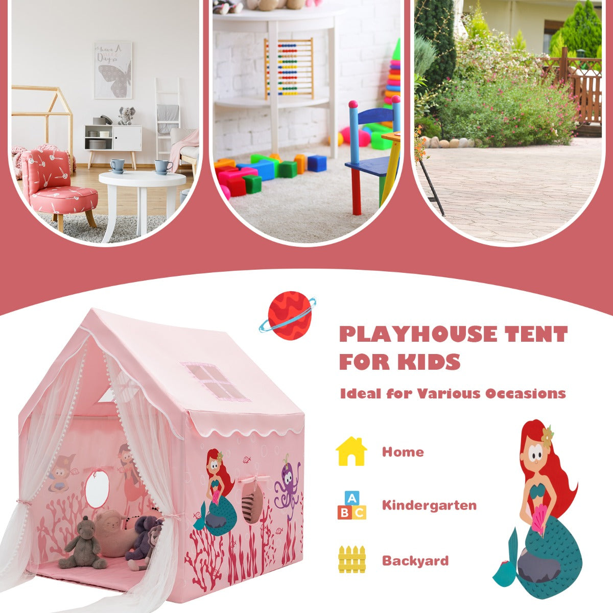 Large Kids Play Tent with Removable Padded Mat & Gauze Door Curtain