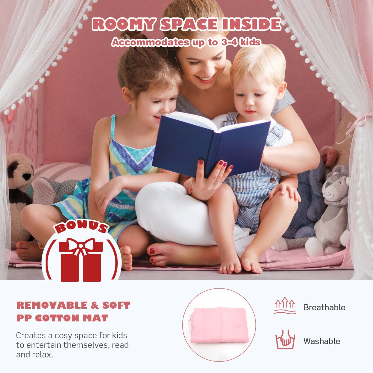 Large Kids Play Tent with Removable Padded Mat & Gauze Door Curtain