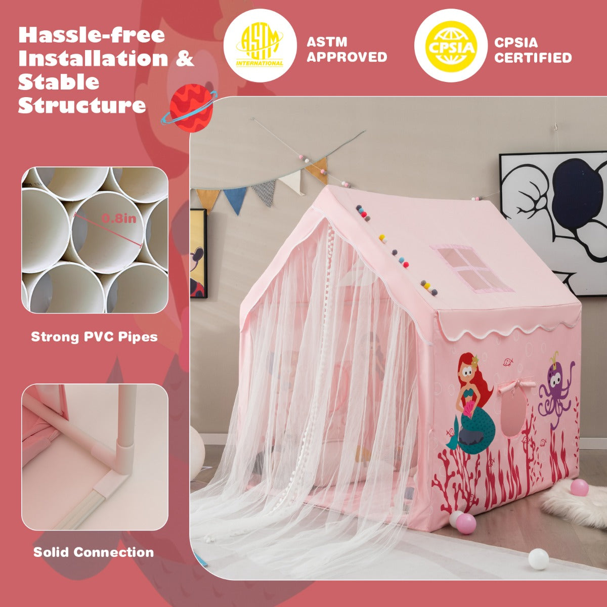 Large Kids Play Tent with Removable Padded Mat & Gauze Door Curtain