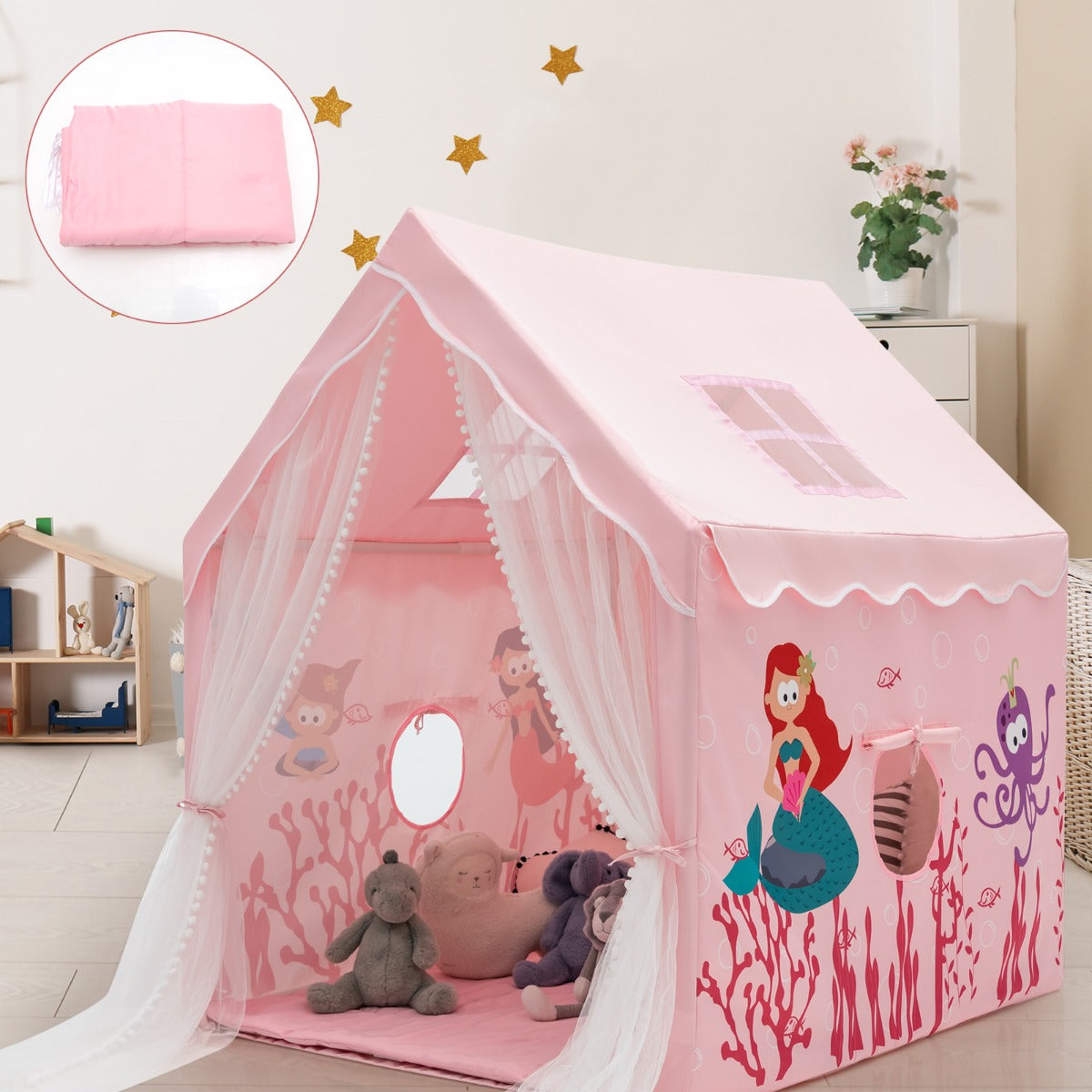 Large Kids Play Tent with Removable Padded Mat & Gauze Door Curtain